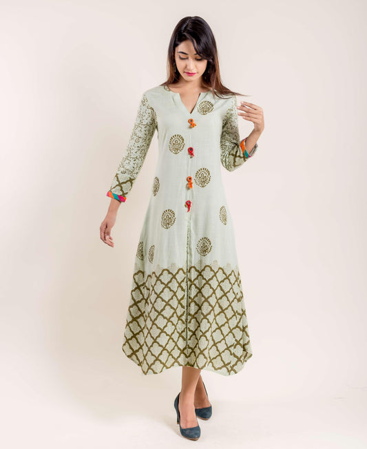 Mint Green Cotton Hand Block Printed Dress