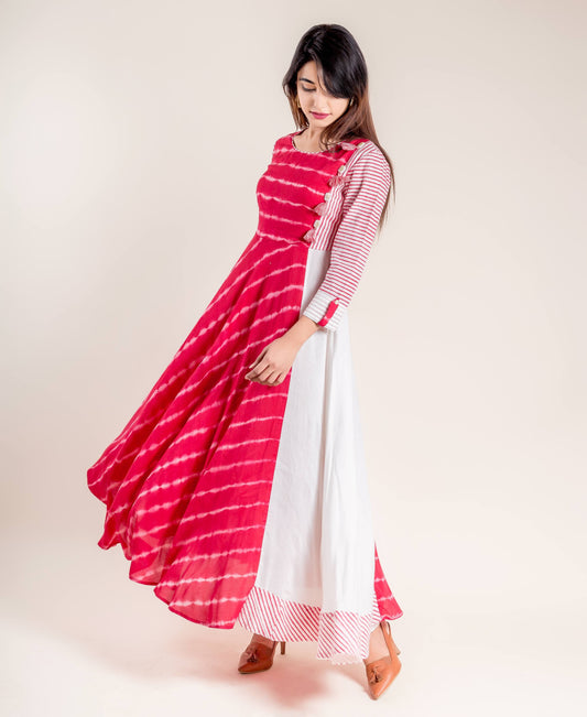 Red Tie And Dye Hand Block Printed Dress