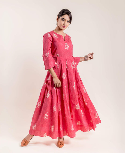 Peach Hand Block Printed Dress