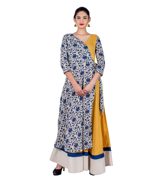 Indigo and Mustard Hand Block Printed Wrap Dress