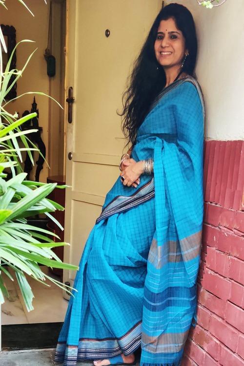 Vibrant in Blue. Handloom Fine Cotton Andhra Saree (With Blouse Piece)