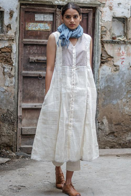 Nirali' White V neck long cotton kurta
