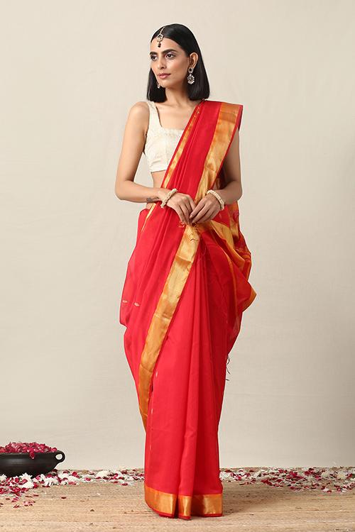 Handweave Maheshwari Handloom Orange Zari Border Silk Cotton Saree