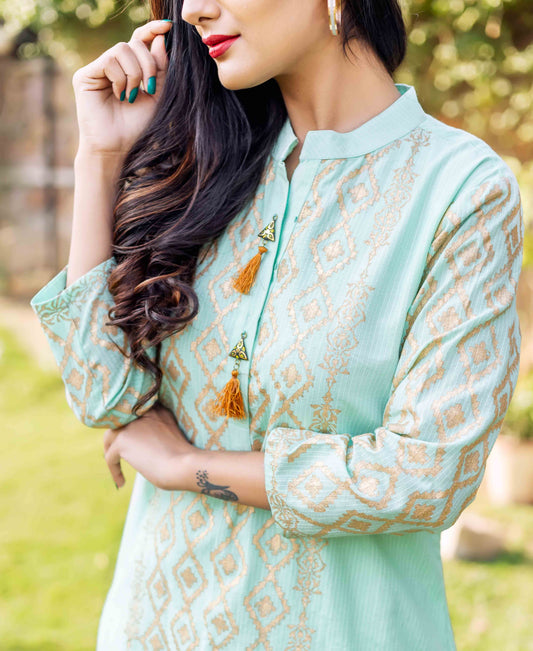 Sea Green Cotton Straight Long Kurta Dress with Kantha Work