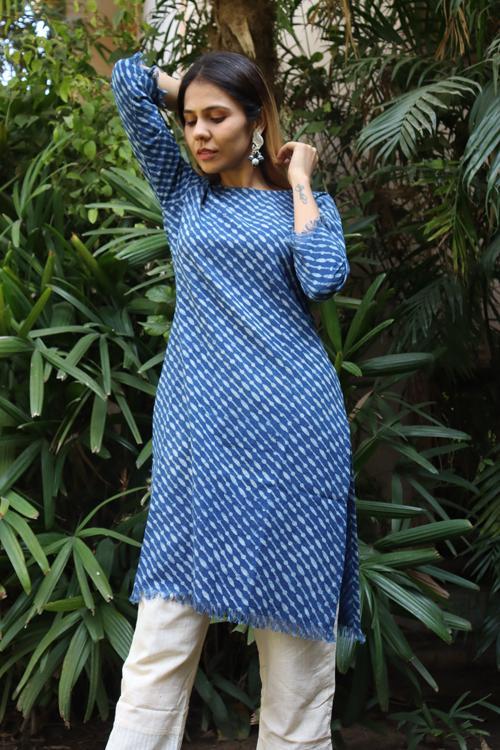 Handwoven Cotton Natural Indigo Printed Tunic-Diagonal Stripe