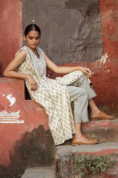 Nirali' Beige V neck long cotton kurta