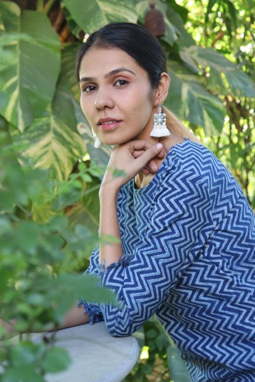 Handwoven Cotton Natural Indigo Printed Tunic-Zig Zag