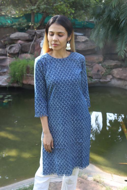 Handwoven Cotton Natural Indigo Printed Tunic-Anchor Print