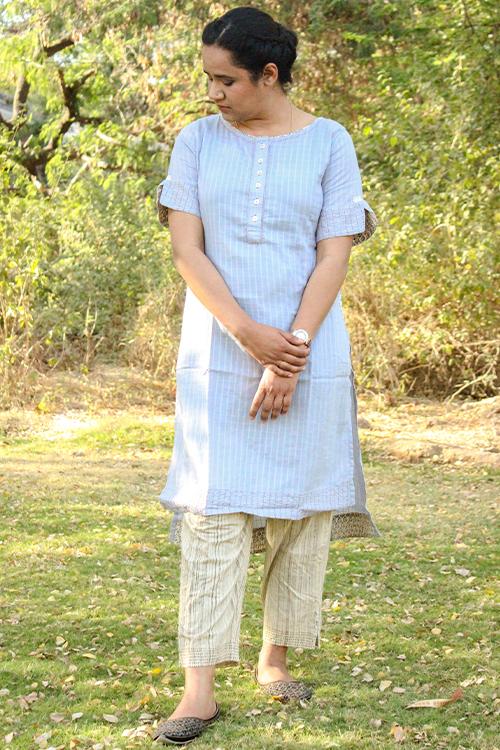Bindani' Grey Dabu Print Cotton Long Kurta