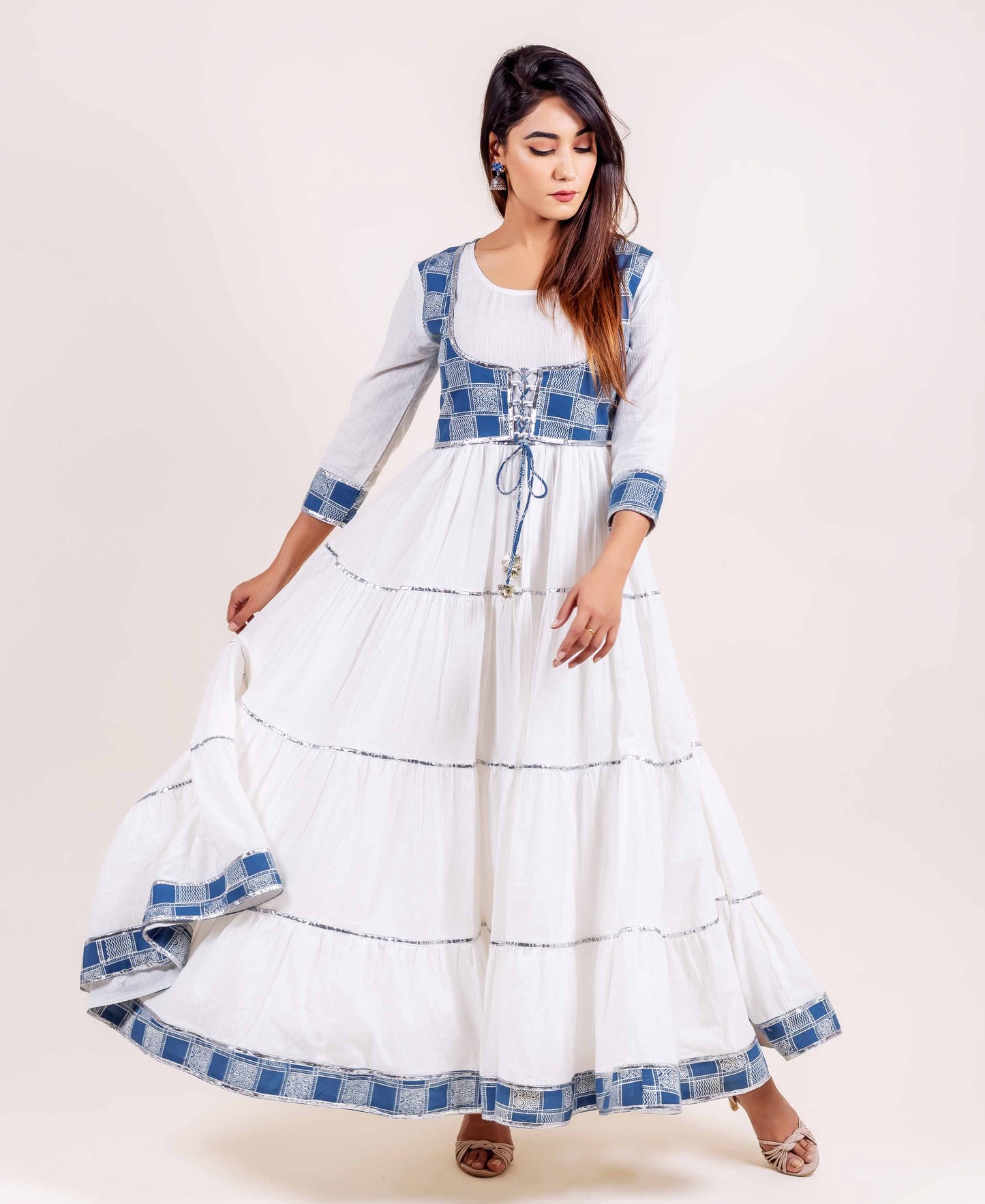 White and Indigo Tiered Dress