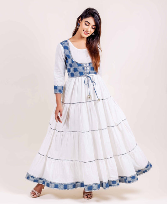 White and Indigo Tiered Dress