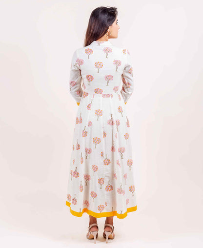 White and Yellow Hand Block Printed Cotton Kurta with Detailed Neckline