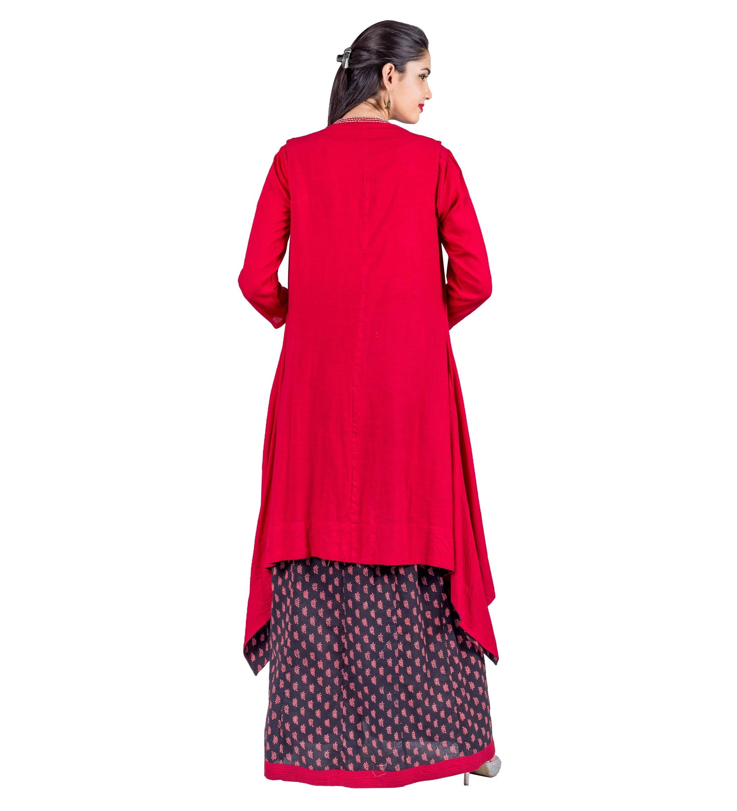 Red / Black Hand Block Printed Jacket Style Indo Western Dress with Pintuck Embroidery