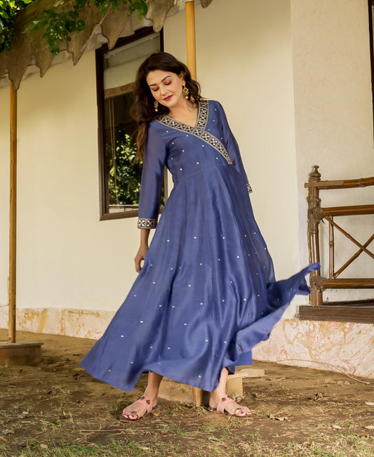 Steel Blue Hand Embroidered Chanderi Dress