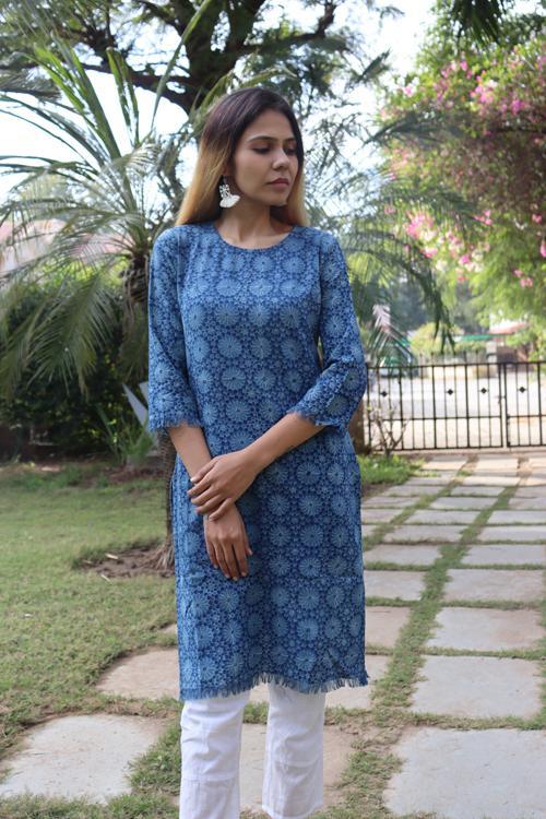 Handwoven Cotton Natural Indigo Printed Tunic-Floral Print