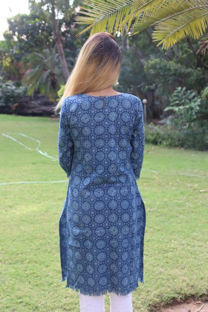 Handwoven Cotton Natural Indigo Printed Tunic-Floral Print