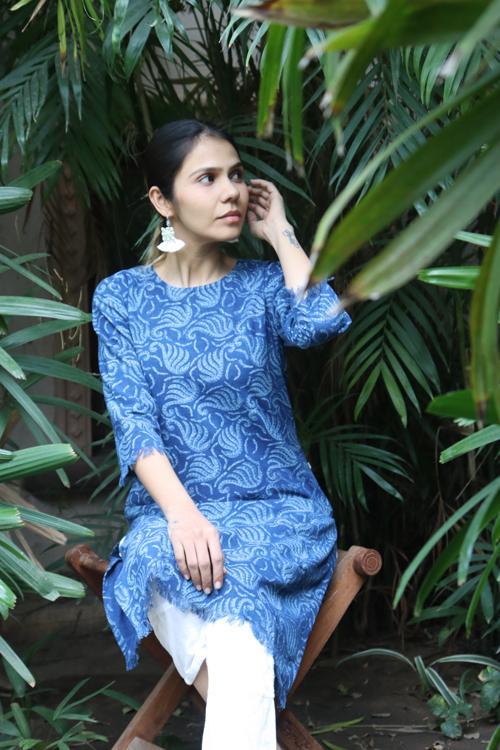 Handwoven Cotton Natural Indigo Printed Tunic-Shell Print