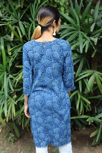 Handwoven Cotton Natural Indigo Printed Tunic-Shell Print