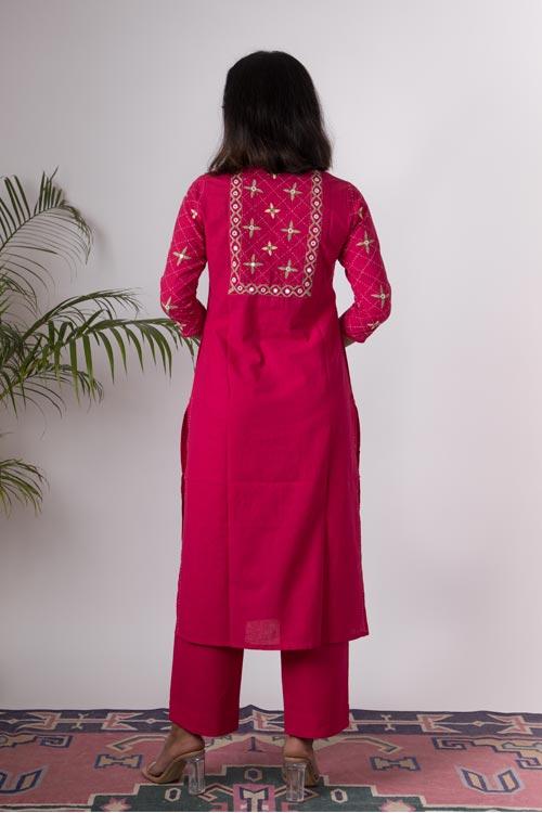 Dholamaru' Hand Embroidered Cotton Kurta Pant Set (2Piece Set)