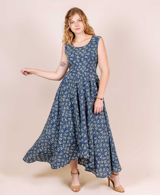 Floral Blue Sleeveless Hand Block Print High Low Flare Dress