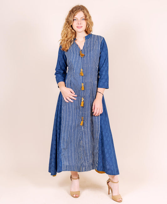 V Neck Trail Cut Front Tasselled Indo Western Dress