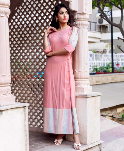 Peach A-line Dress with Side Slit