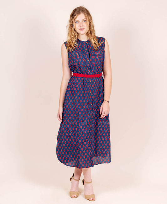 Blue/Red Hand Block Print Sleeveless with Flexible Tasseled Belt