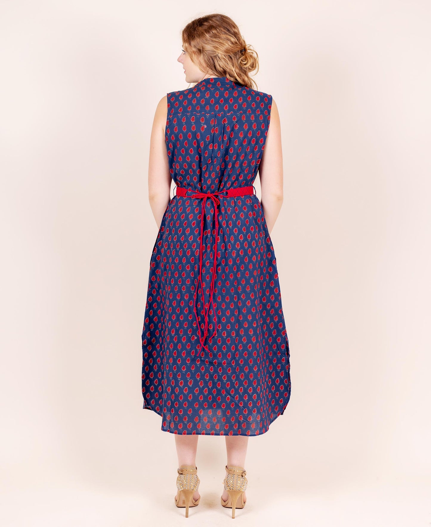 Blue/Red Hand Block Print Sleeveless with Flexible Tasseled Belt