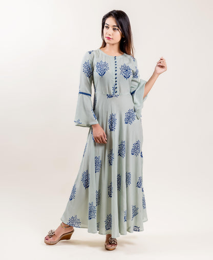 Rayon Bell Sleeved Indo Western Dress In Blue