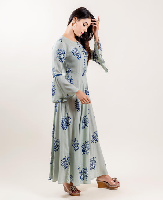Rayon Bell Sleeved Indo Western Dress In Blue