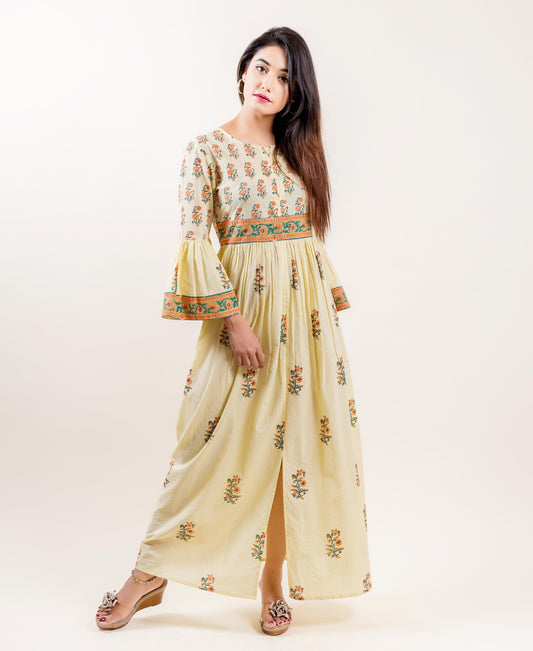 Cotton Printed Long Front Slit Indowestern Dress In Yellow And Orange