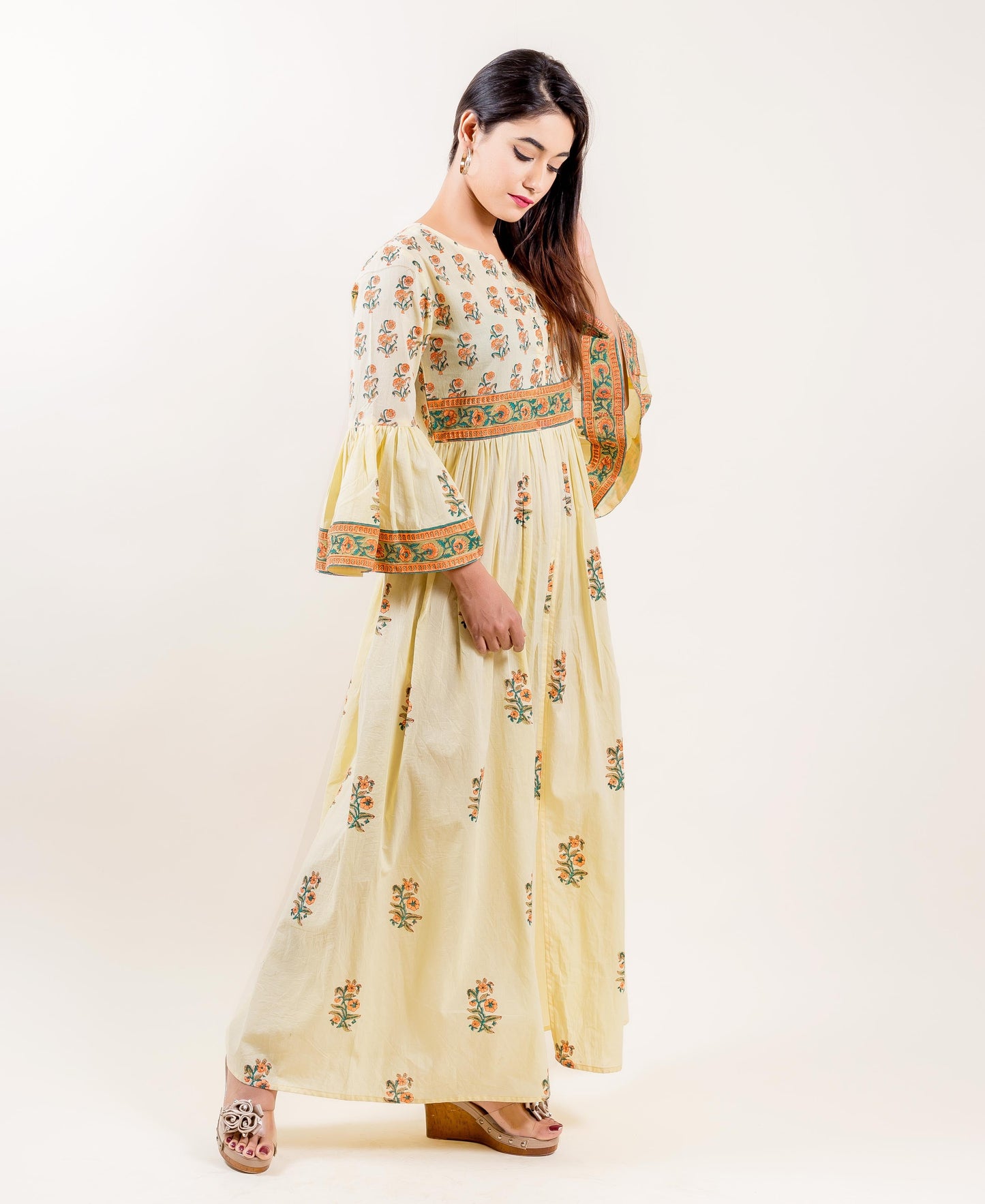 Cotton Printed Long Front Slit Indowestern Dress In Yellow And Orange