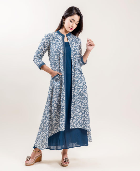 Double Layered Asymmetrical Long Indowestern Dress In Grey And Blue