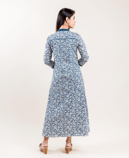 Double Layered Asymmetrical Long Indowestern Dress In Grey And Blue