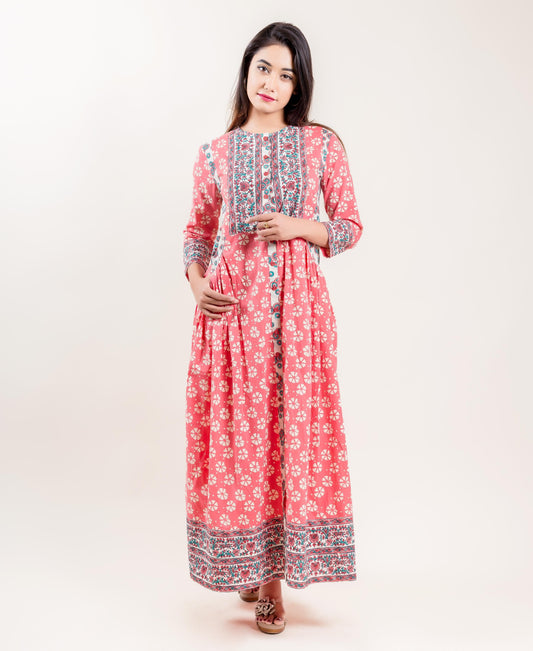 Cotton Indo Western Long Dress In Peach With Ivory And Blue Prints