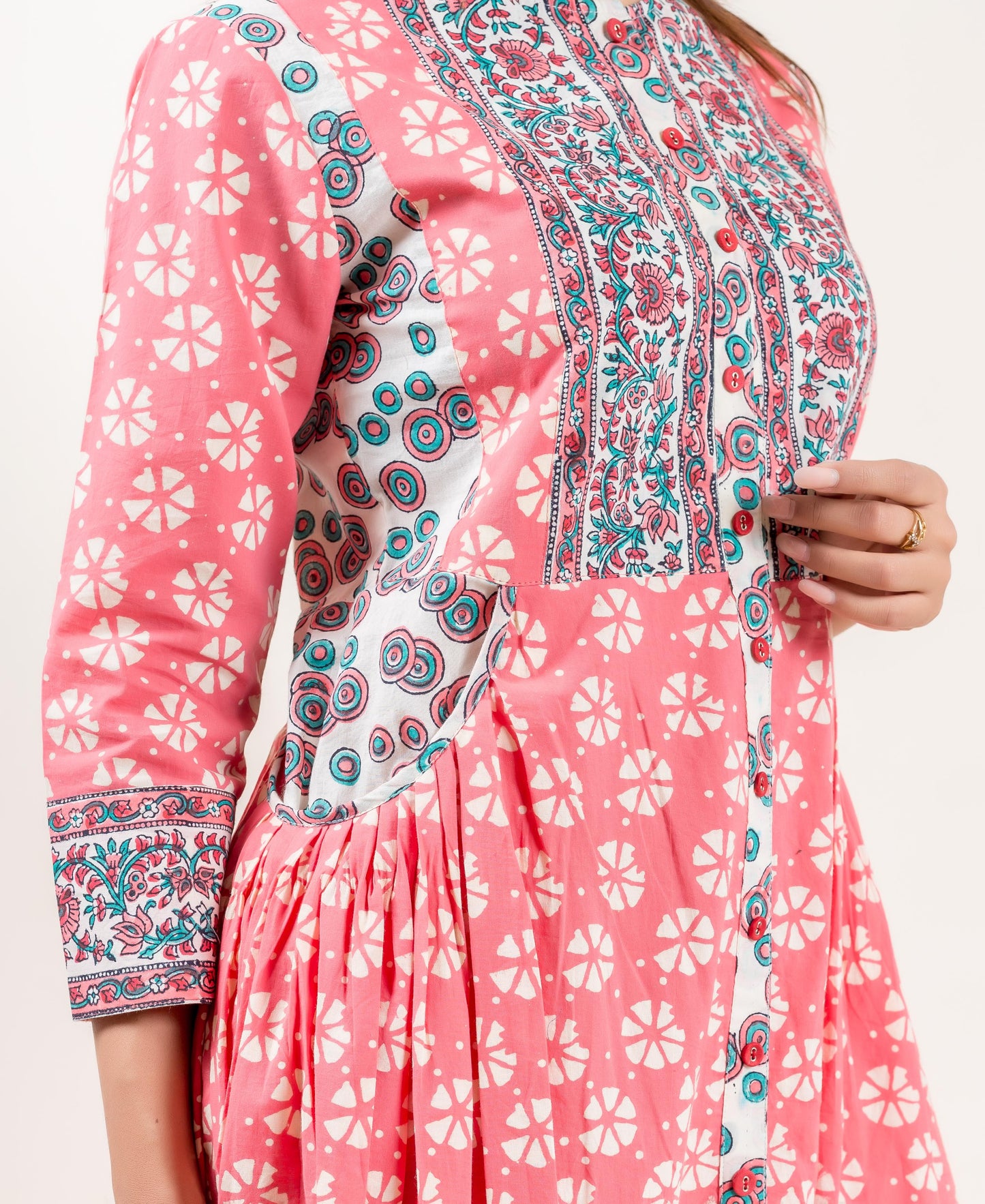 Cotton Indo Western Long Dress In Peach With Ivory And Blue Prints