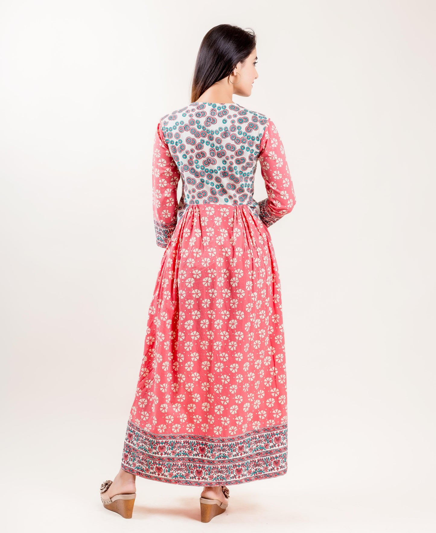 Cotton Indo Western Long Dress In Peach With Ivory And Blue Prints