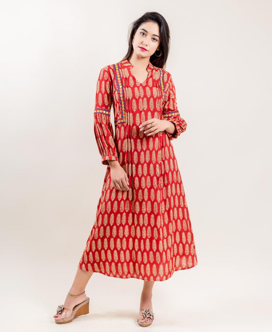 Embroidered Rust Beige Printed Long Quarter Sleeves Designer Dress