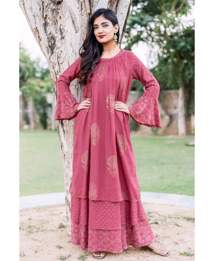Rust Layered Hand Block Printed Long Dress