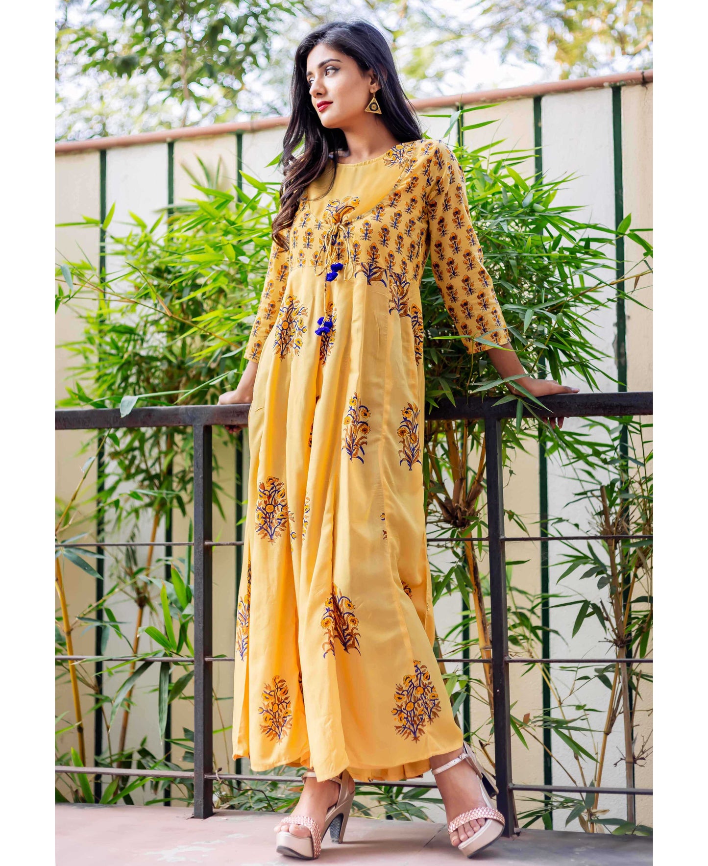 Yellow Rayon Hand Block Printed Designer Long Anarkali Dress