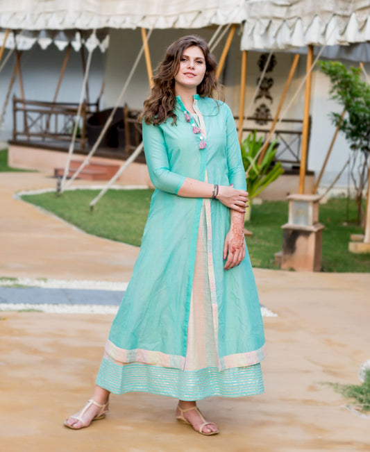 Aqua Blue Chanderi Jacket Dress with Ikat Inner