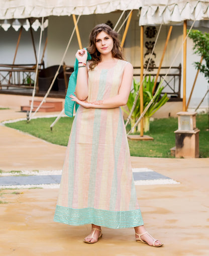 Aqua Blue Chanderi Jacket Dress with Ikat Inner