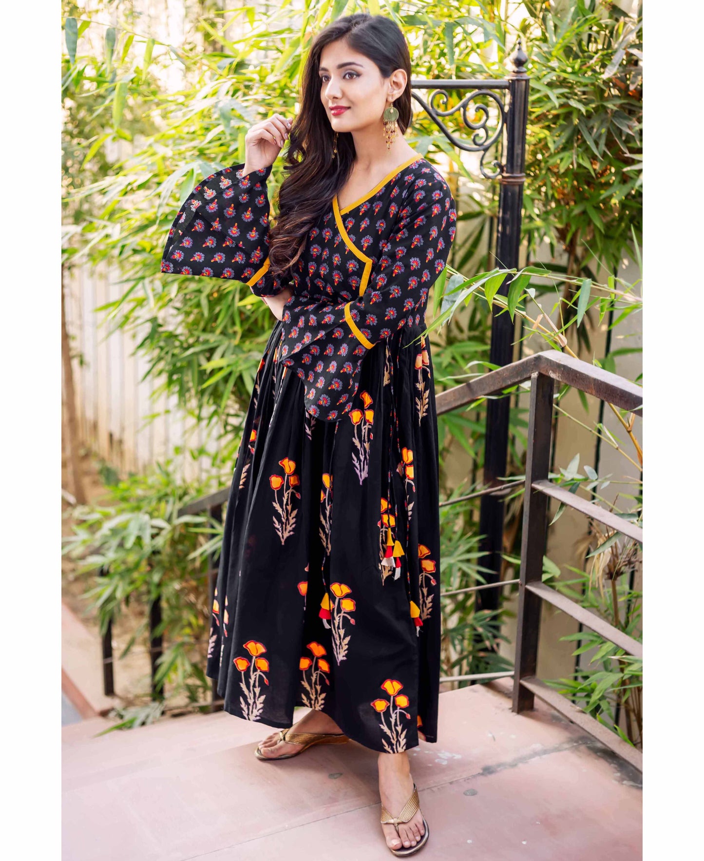 Black Cotton Printed Bell Sleeves Angrakha Dress