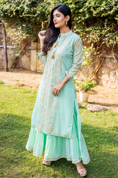 Sea Green Cotton Straight Long Kurta Dress with Kantha Work
