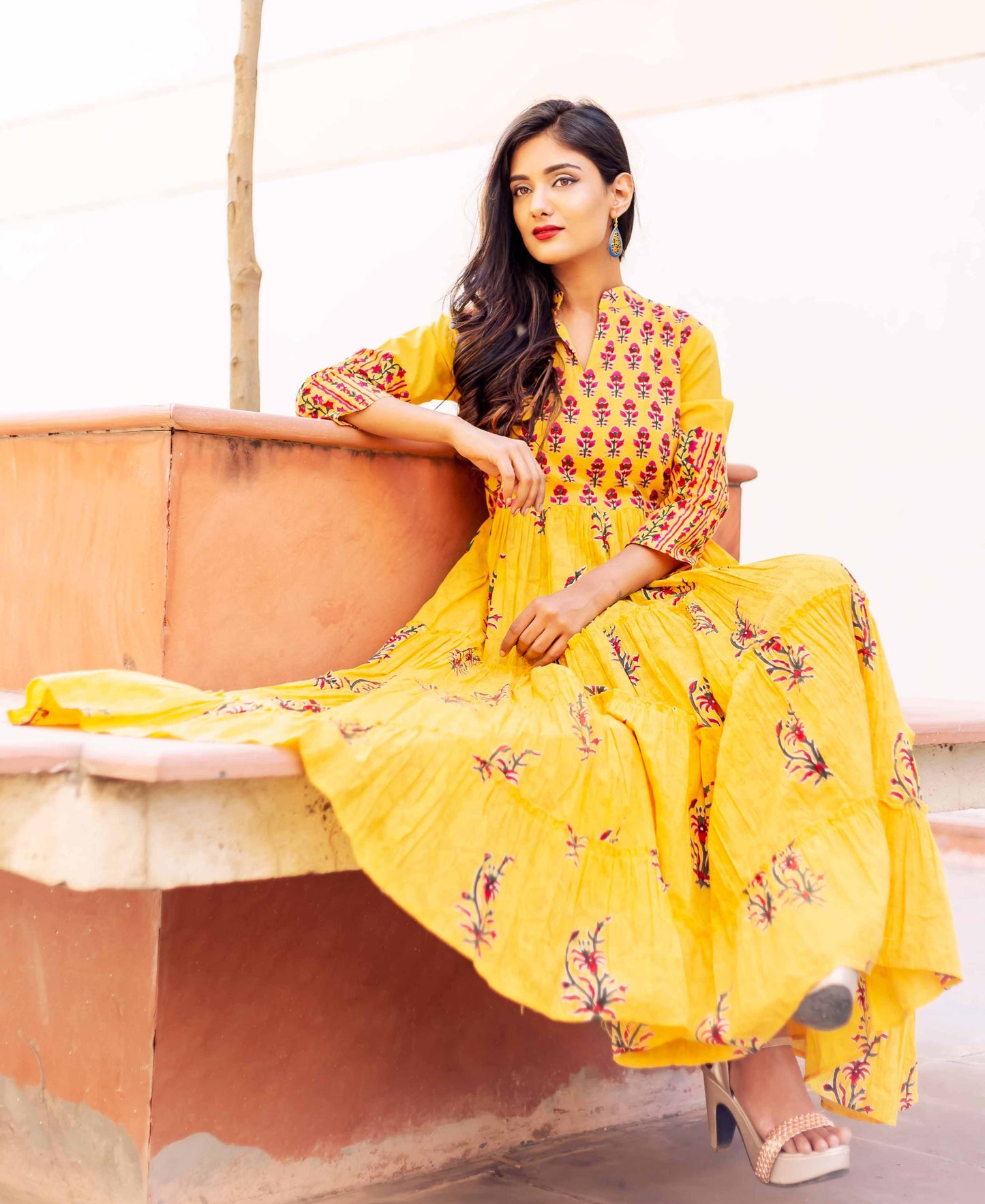 Yellow Tier Hand Block Printed Long Dress