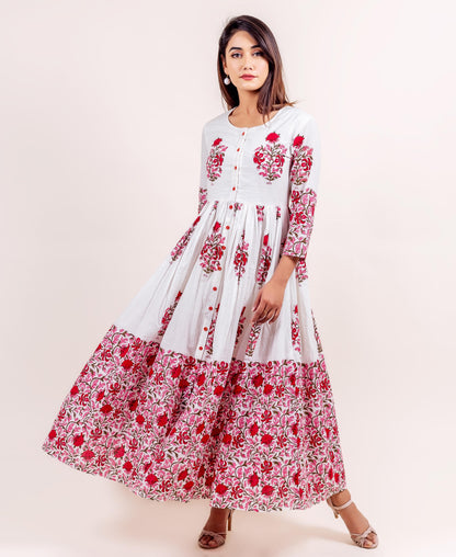 White and Red Block Printed Anarkali Dress