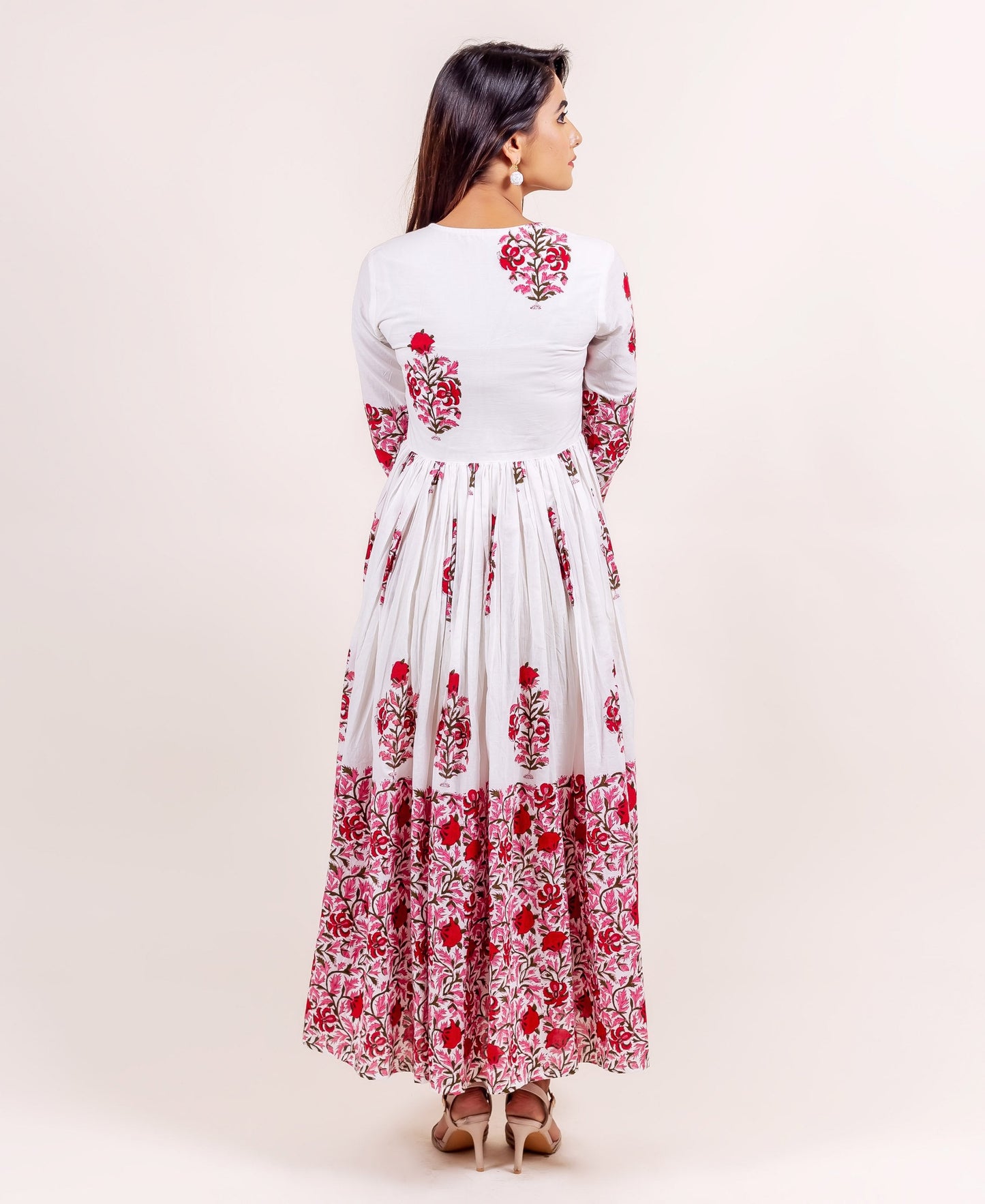 White and Red Block Printed Anarkali Dress