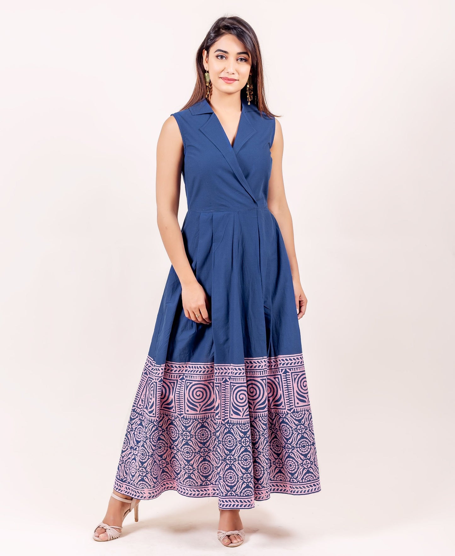 Solid Indigo Blue Pleated Dress with Printed Hemline