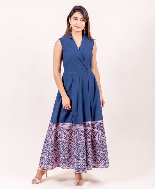 Solid Indigo Blue Pleated Dress with Printed Hemline