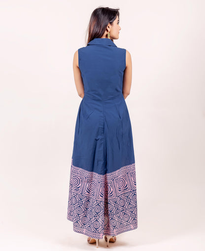 Solid Indigo Blue Pleated Dress with Printed Hemline